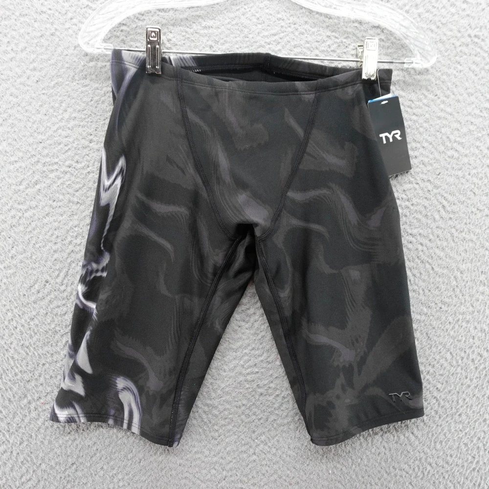 TYR Mens Durafast Elite Jammer Swim Shorts Black Grey Graphic Size 30 Small NEW